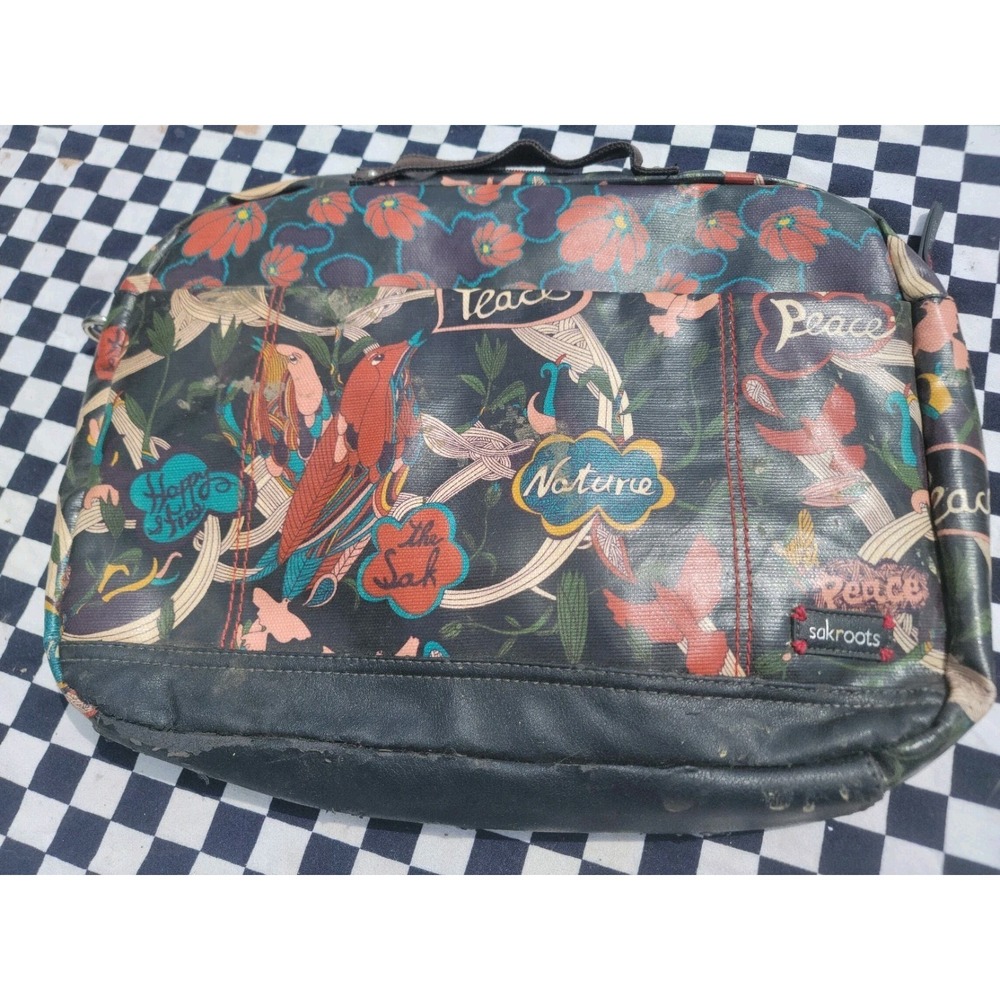 Sakroots Peace Nature Floral Bird Tote Handbag Black Coated Canvas‎